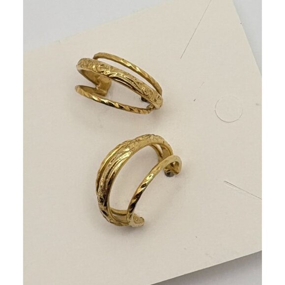 Vintage Triple Hoop Gold Tone Earrings Textured Design Elegant Fashion Jewelry - Picture 2 of 7